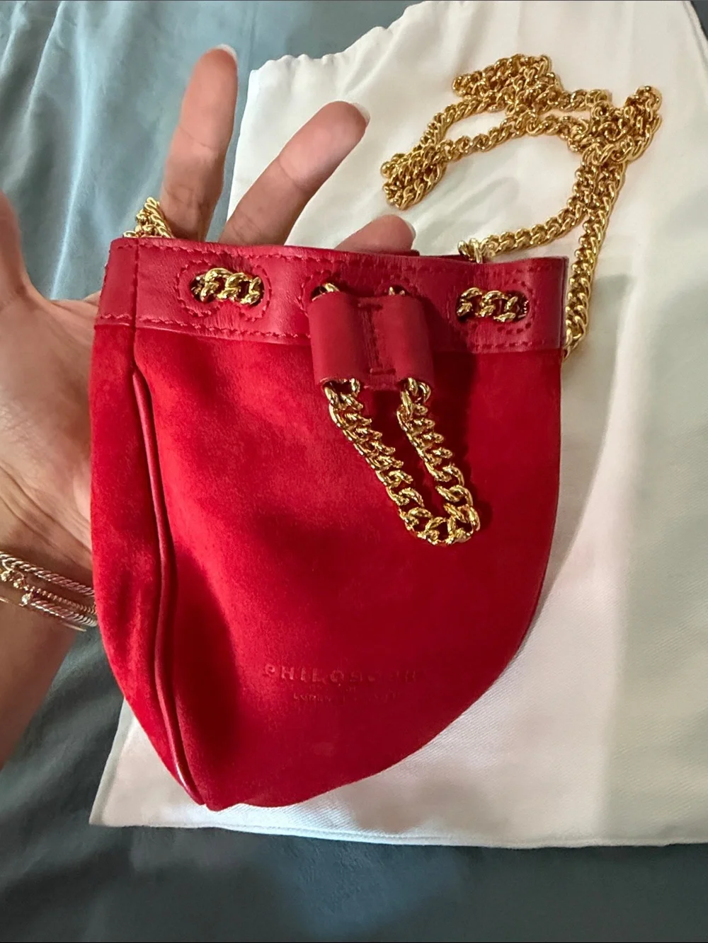 Philosophy di Lorenzo Serafini Red Suede Mini Bucket Bag w Gold Chain / Wristlet
